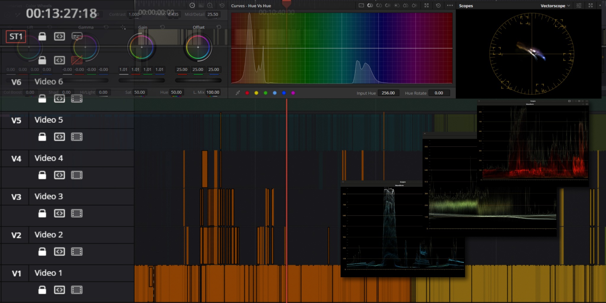 DaVinci Resolve editing timeline and color scopes